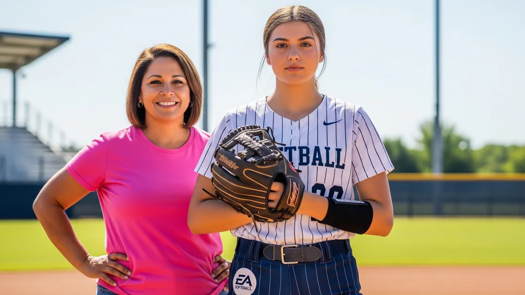 ea softbal player and mom on field