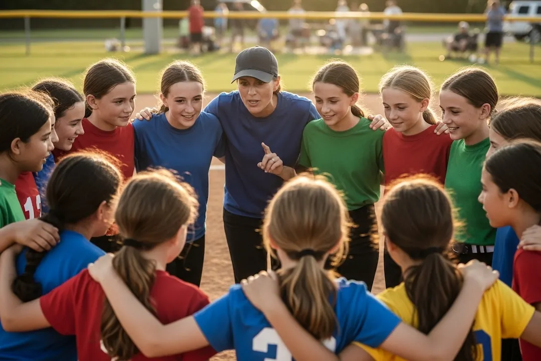 girls softball team huddle with coach